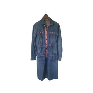 Vintage 70's Casual Corner Denim & Red Plaid Trim Midi Shirt Dress XS/S